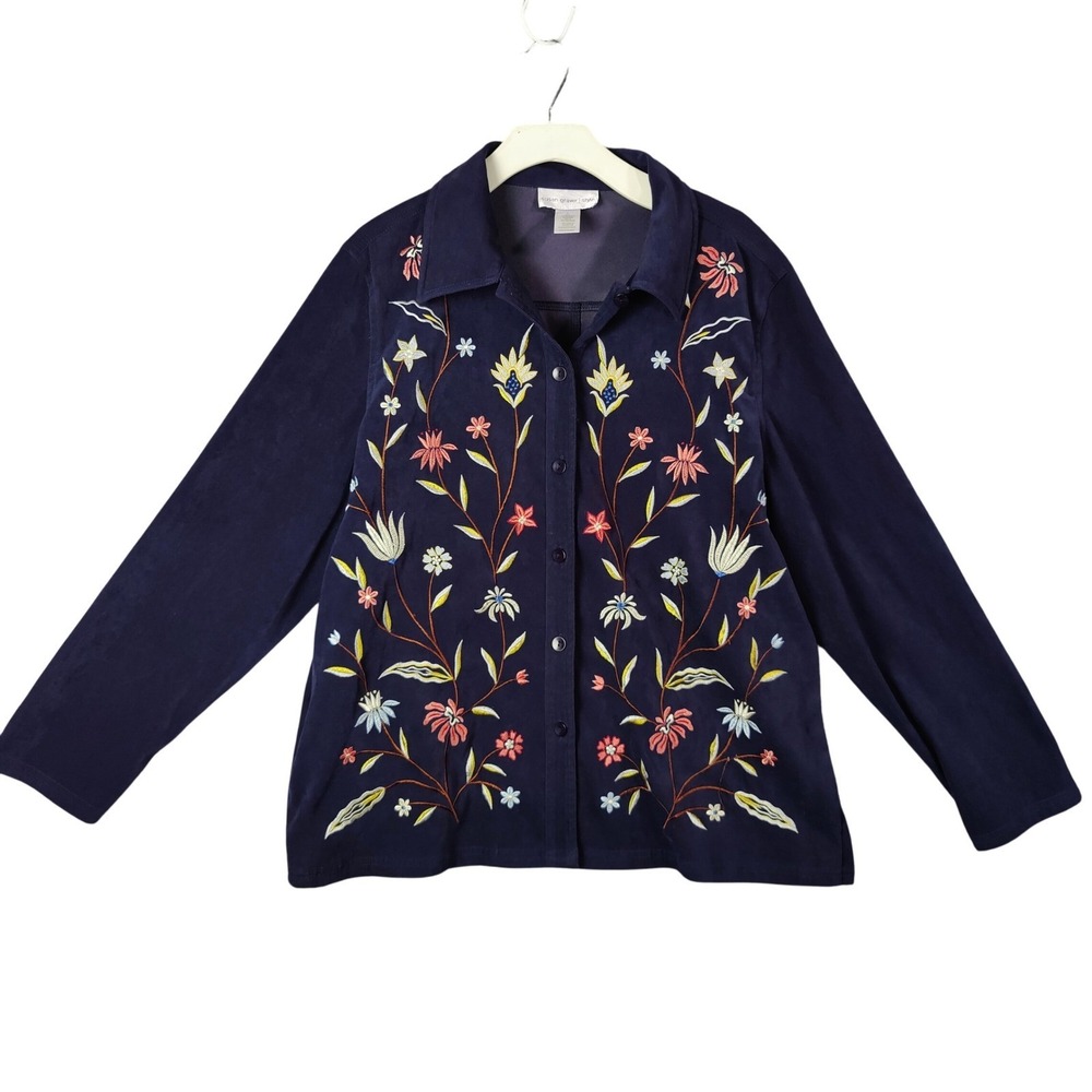 Susan Graver Womens Cottage Rustic Faux Suede Floral Jacket L Navy Embroidered